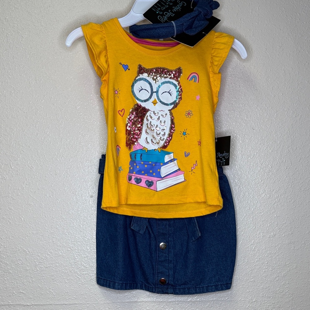 Cynthia Rowley Yellow and Blue girls Matching shirt and skirt Set w/ head band